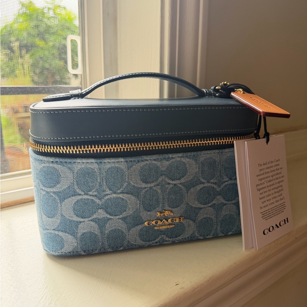 Coach Denim Signature Canvas Vanity Case in Blue with Navy Trim
